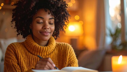 Black woman writing journal in warm cozy room with relaxing, thinking, selfcare, and indoors.