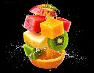 Stacked fruit slices and cubes levitating. Splashes occur