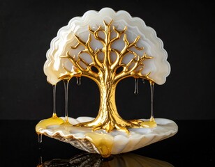Golden tree with honey flowing on agate slice display