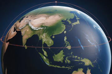 Earth globe Asia satellite orbit equator horizon sunrise space atmosphere glowing over Asia with elegant orbital arc serene and futuristic mood science and technology focus