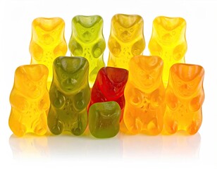 Gummy bear group, various translucent colors, white backdrop