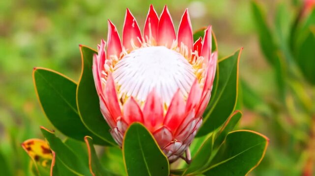 A vibrant protea flower with petals of red and white, surrounded by green leaves, in nature