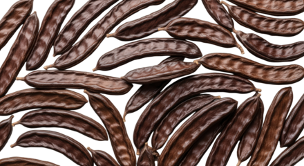 Rich Brown Carob Pods Scattered Top Down View Isolated On Transparent Background