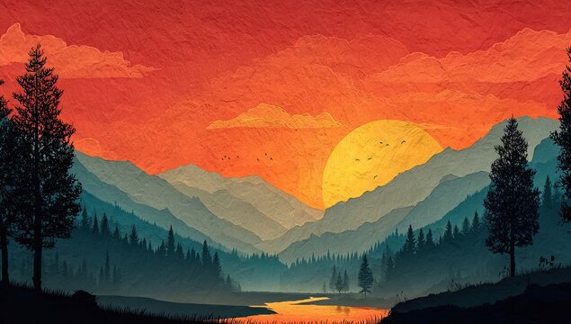 Landscape of mountains, forest, river during sunset