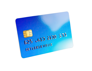 Blue and White Gradient Credit Card With Gold Chip and Silver Numbers on a Black Background