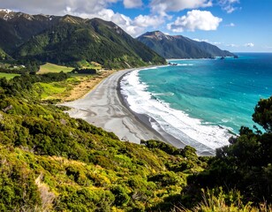 Aerial view of a coastline with beach, sea, mountains, and green vegetation under a blue sky