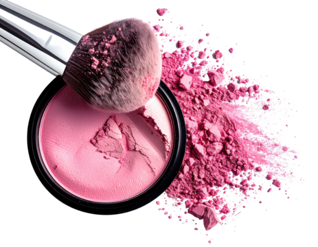 A makeup brush rests on pink blush, with powder scattered around a compact