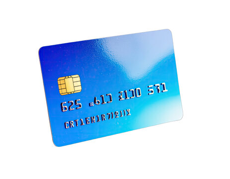 Blue and White Gradient Credit Card With Gold Chip and Silver Numbers on a Black Background - Powered by Adobe