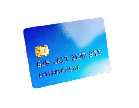 Blue and White Gradient Credit Card With Gold Chip and Silver Numbers on a Black Background