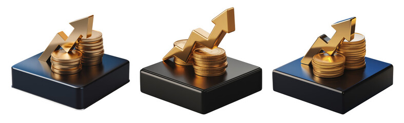 golden growth arrow and coins on black platform