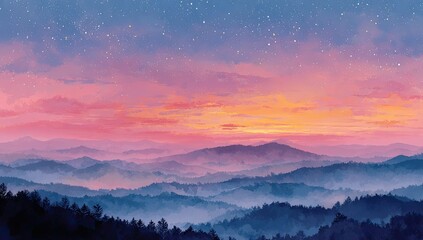 Layered mountains under a vibrant, starry dusk sky