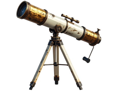 Antique telescope with brass accents, mounted on a tripod, isolated on black