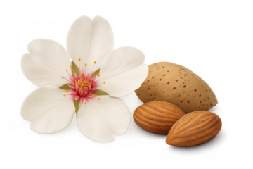 Almond blossom and nuts illustrating natural growth cycle from delicate flower to healthy food ingredient