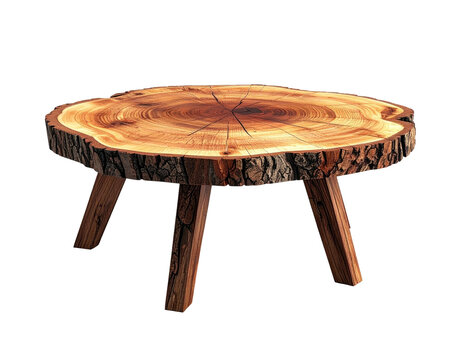 Rustic, round wooden table crafted from a tree slice, supported by three legs