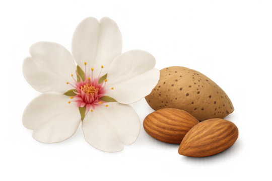 Almond blossom and nuts illustrating natural growth cycle from delicate flower to healthy food ingredient