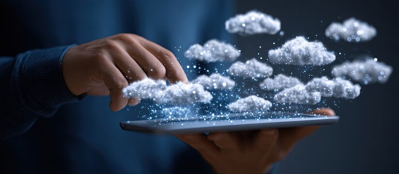 Clouds emerge from tablet in hand, with fingers touching virtual data