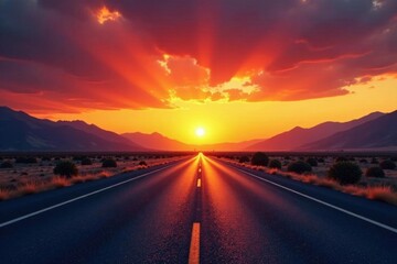 A scenic highway stretches towards a vibrant sunset, casting long shadows across the arid landscape, with majestic mountains silhouetted against the fiery sky.