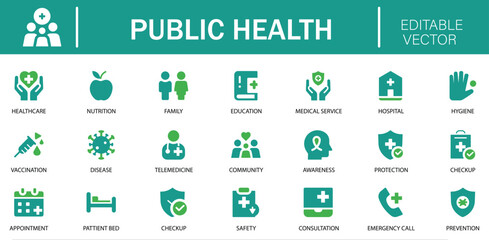 Public Health Icon Set with editable vector symbols for healthcare, doctor, hospital, vaccination, hygiene, first aid, telemedicine, and health education. Ideal for medical and wellness projects.