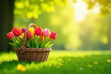 A wicker basket overflowing with vibrant tulips rests gently on a sunlit lawn, creating a picturesque springtime scene.