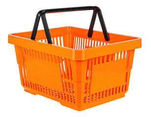 A bright orange shopping basket with a black handle, against a black background