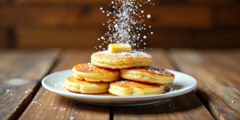 A delightful stack of fluffy pancakes, topped with a pat of butter and a dusting of powdered sugar, served on a rustic wooden table