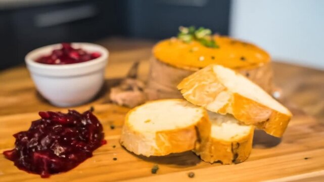 Appetizing food arrangement featuring a pate-like dish, a bowl of sauce, and bread slices on a board