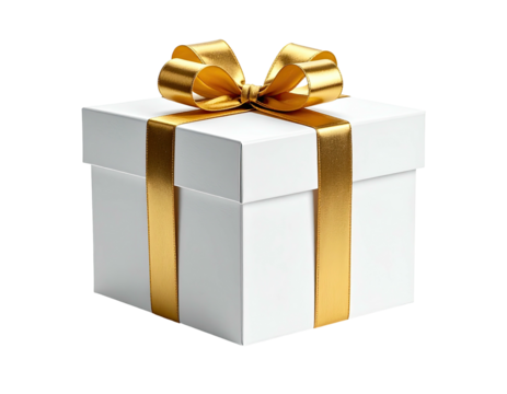 A square white gift box tied with a golden ribbon and bow, floating in space