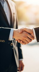 Business professionals shake hands in outdoor setting during sunset to mark partnership or agreement