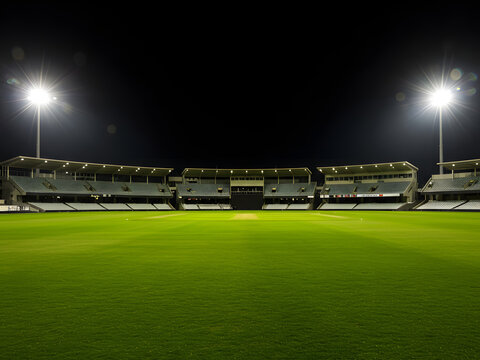 Cricket Stadium at Night | Empty Cricket Ground Under Floodlights with Green Pitch and Stands