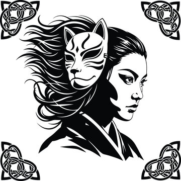 Mystical yokai vector portrait: an exquisite illustration of an enchanting japanese woman holding a flowing hair kitsune mask, framed by four luxurious traditional black and white celtic knot corners.
