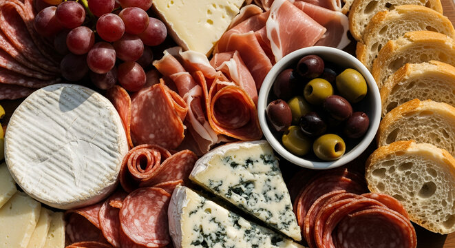 A charcuterie board with cheese meat grapes olives and sliced bread on a wooden surface top view