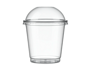 A clear, disposable plastic cup with a dome lid on a black background