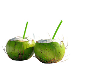 Two fresh, green coconuts with green straws, isolated on a dark backdrop
