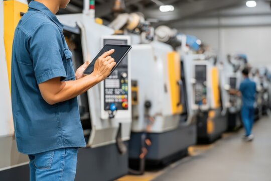 Industrial technician analyzing machinery performance data using digital tablet in a modern manufacturing environment emphasizing automation advancements and operational efficiency