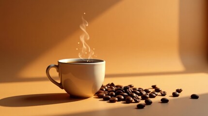 Aromatic coffee cup steaming gently, accompanied by roasted coffee beans scattered nearby, bathed in warm sunlight