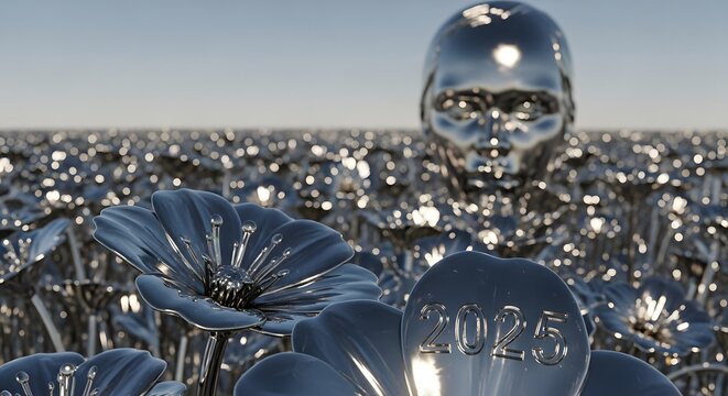 A futuristic metallic sculpture of a human skull and flowers with the year 2025 inscribed, set against a sparkling water background under a clear sky, symbolizing innovation and future prospects - Powered by Adobe
