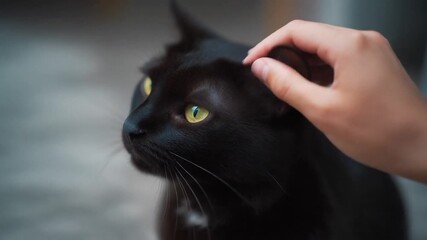 A person petting a black cat with striking yellow eyes.