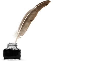 Vintage feather quill placed inside classic ink bottle symbolizing traditional writing, literature history and creative authorship, isolated on transparent background, PNG.