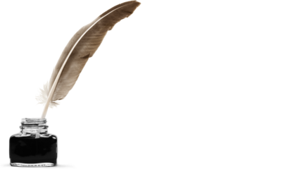 Vintage feather quill placed inside classic ink bottle symbolizing traditional writing, literature history and creative authorship, isolated on transparent background, PNG.