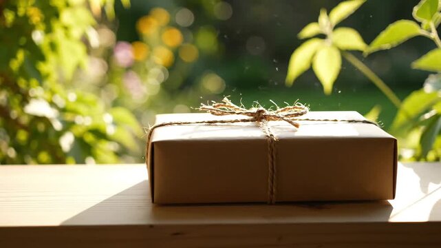 Close-up of a Thoughtfully Wrapped Brown Paper Gift Box Adorned with a Twine Bow Bathed in Natural Sunlight Against a Serene Green Bokeh Background