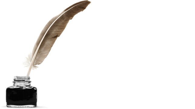 Vintage feather quill placed inside classic ink bottle symbolizing traditional writing, literature history and creative authorship, isolated on transparent background, PNG.