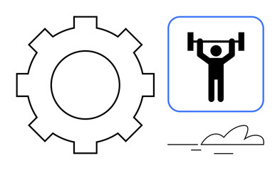 Gear represents mechanical efficiency and teamwork. Human figure lifting barbell conveys strength and health. Ideal for fitness, technology, teamwork, efficiency, motivation, innovation, success