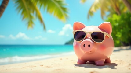 A piggy bank wearing sunglasses rests on a tropical beach, symbolizing saving for a relaxing vacation.