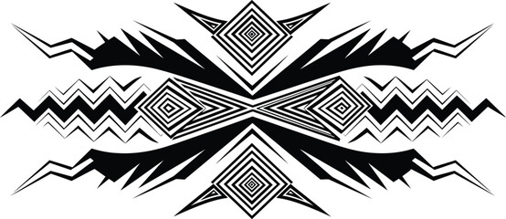 Exclusive hypnotic vector insignia: a symmetrical, high-contrast, black and white abstract emblem showcasing sharp geometry, dynamic zig-zag patterns, and a mesmerizing central vortex.