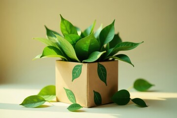 Eco-Friendly Packaging Lush Green Foliage in a Sustainable Cardboard Box with Leaf Designs Emphasizing Natural, Organic, and Environmentally Conscious Product Presentation