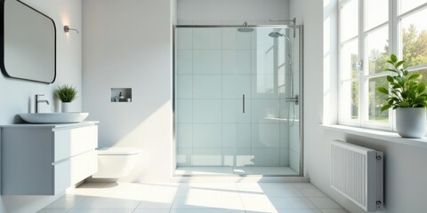 Modern Minimalist Bathroom Design Featuring a Sleek Frameless Shower Enclosure and Bright Sunlight Streaming Through a Window