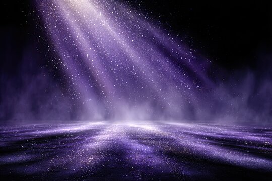 Purple light beams illuminate dust, smoke, and a textured, shiny surface