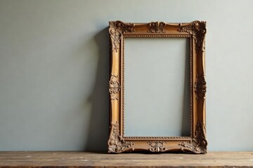 Ornate gilded frame rests on aged wood surface against a muted backdrop