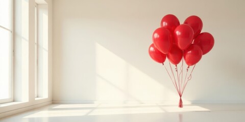 A cluster of vibrant red balloons floats in a minimalist, sunlit interior space