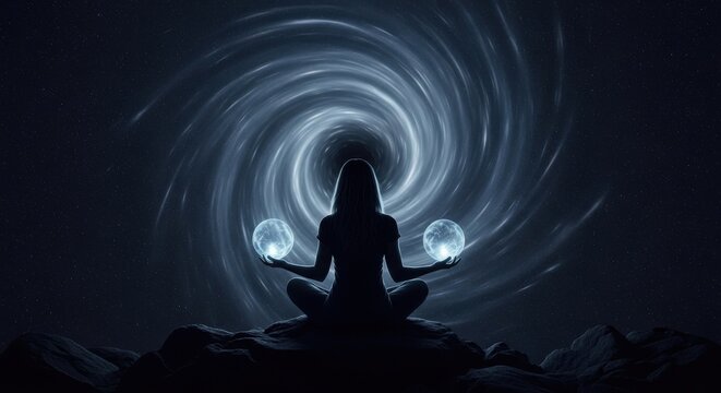 Meditative figure in silhouette holding glowing orbs against a cosmic swirl at night